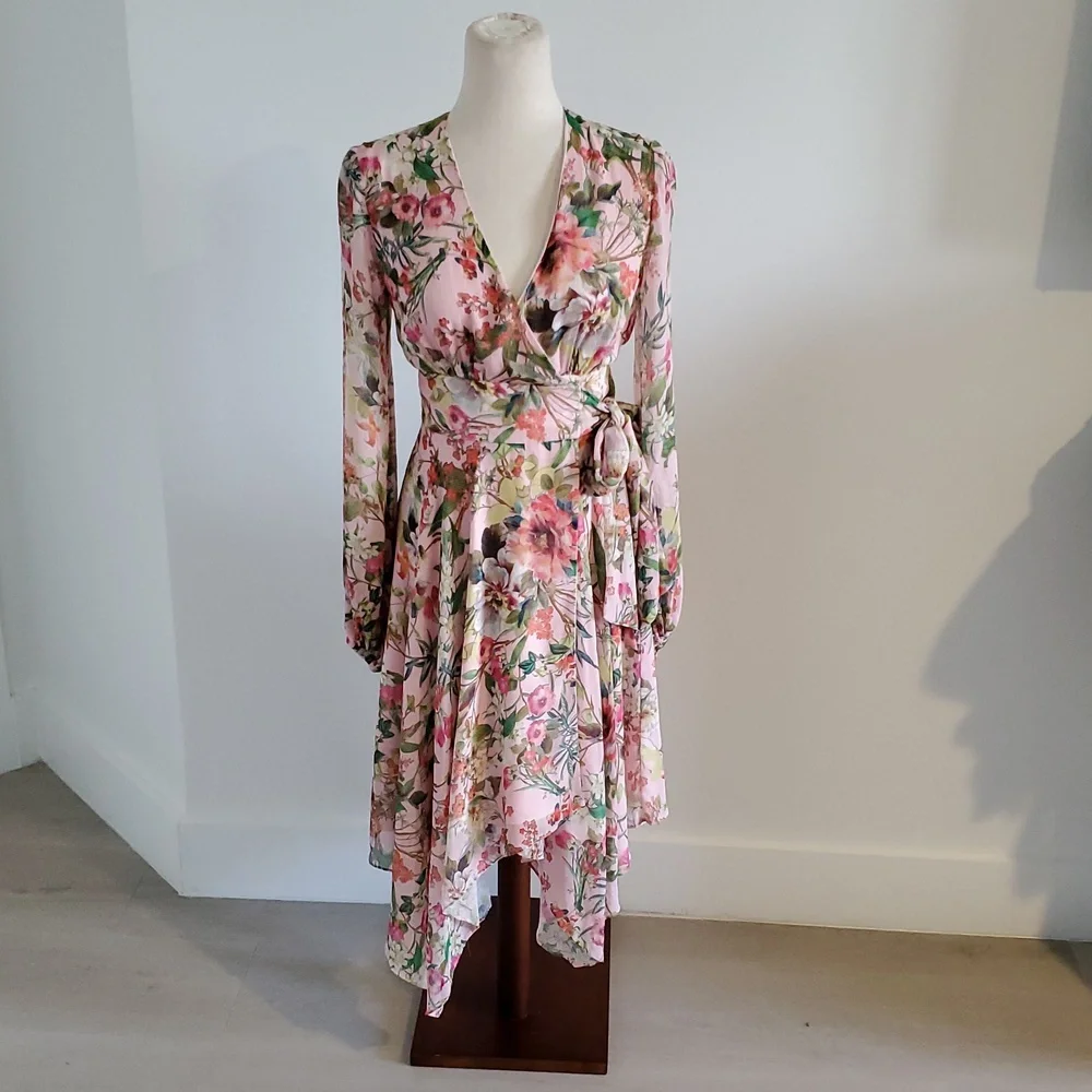 Jay Godrey Floral Pink/Green Wrap fully lined Dress handkerchief hem Size 0 EUC - Picture 3 of 9